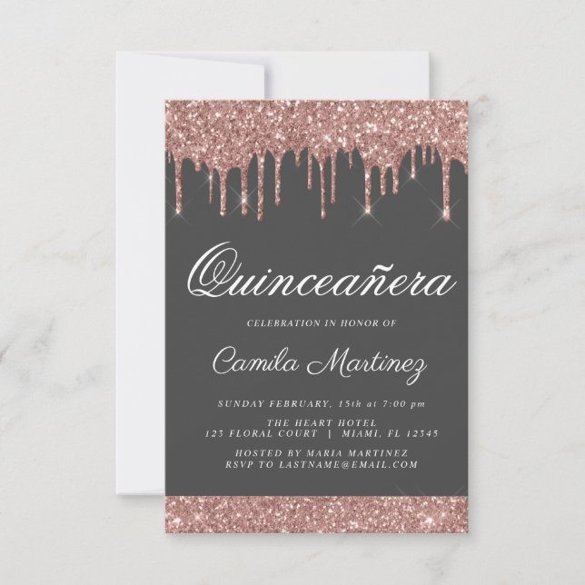 Invitation Rose Gold Sparkle Parties scintillant Quinceañera  (Devant)