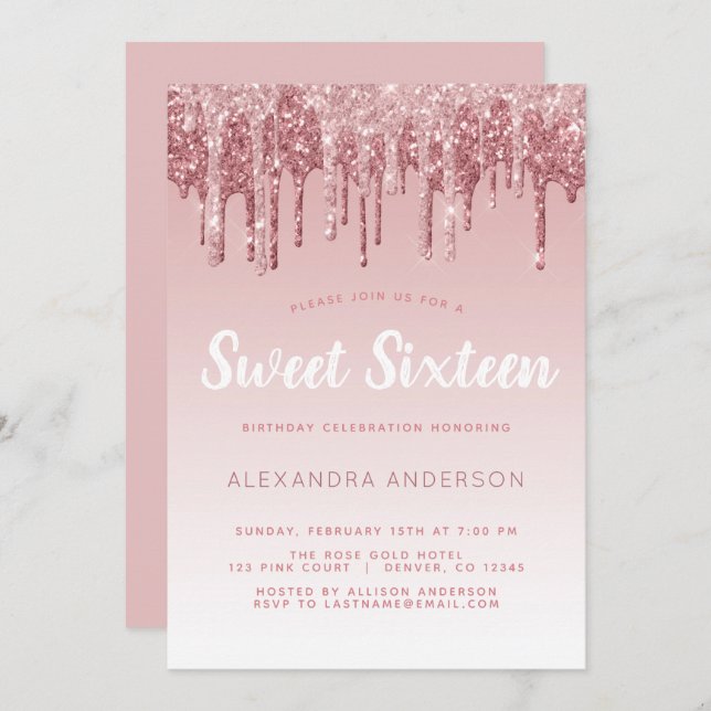 Invitation Rose Gold Sparkle Parties scintillant Sweet sixtee (Devant / Derrière)