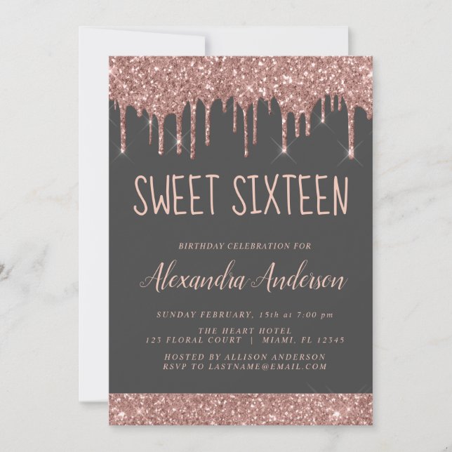 Invitation Rose Gold Sparkle Parties scintillant Sweet sixtee (Devant)