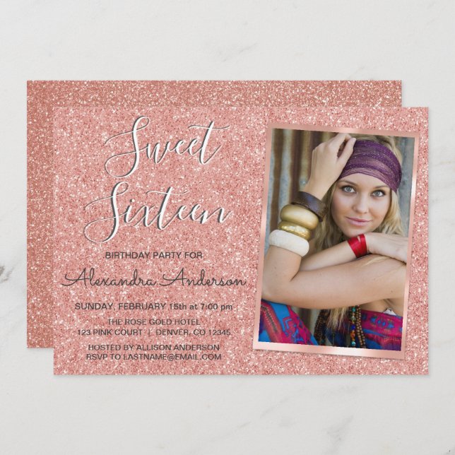 Invitation Rose Gold Sparkle Parties scintillant Sweet sixtee (Devant / Derrière)