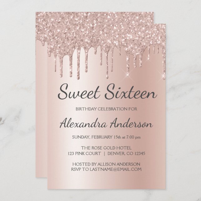 Invitation Rose Gold Sparkle Parties scintillant Sweet sixtee (Devant / Derrière)
