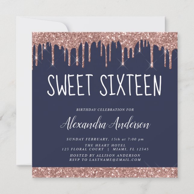 Invitation Rose Gold Sparkle Parties scintillant Sweet sixtee (Devant)