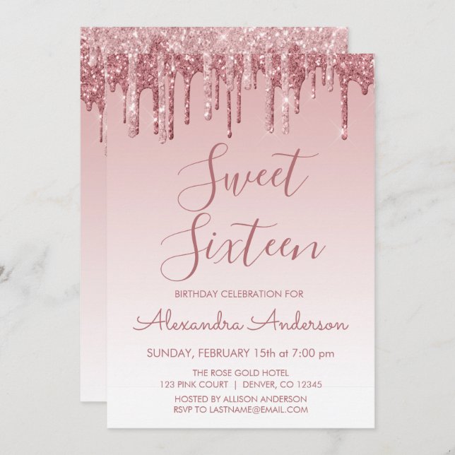Invitation Rose Gold Sparkle Parties scintillant Sweet sixtee (Devant / Derrière)