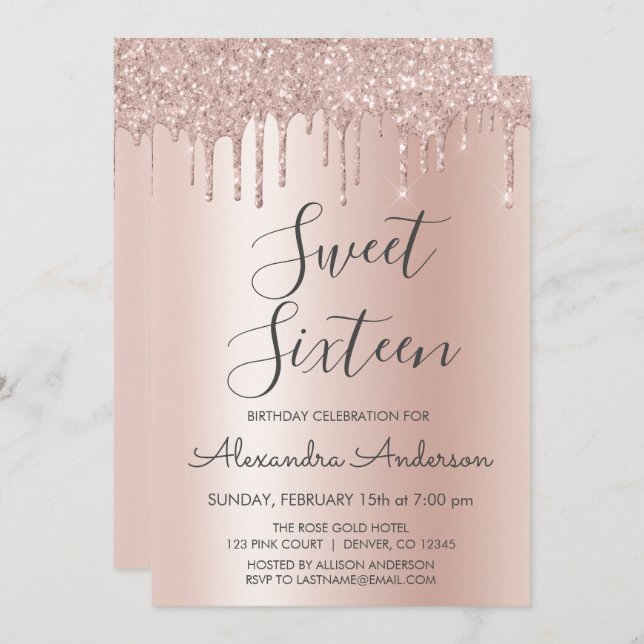 Invitation Rose Gold Sparkle Parties scintillant Sweet sixtee (Devant / Derrière)