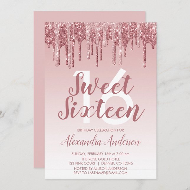Invitation Rose Gold Sparkle Parties scintillant Sweet sixtee (Devant / Derrière)