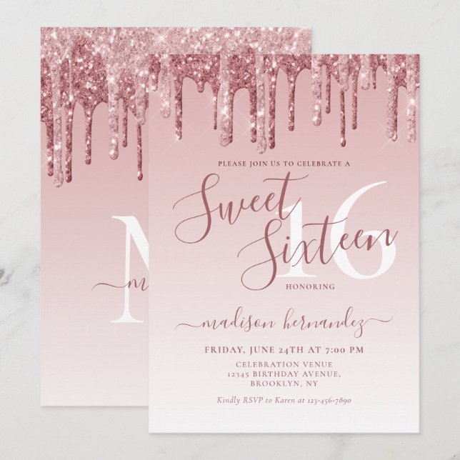 Invitation Rose Gold Sparkle Parties scintillant Sweet sixtee (Devant / Derrière)