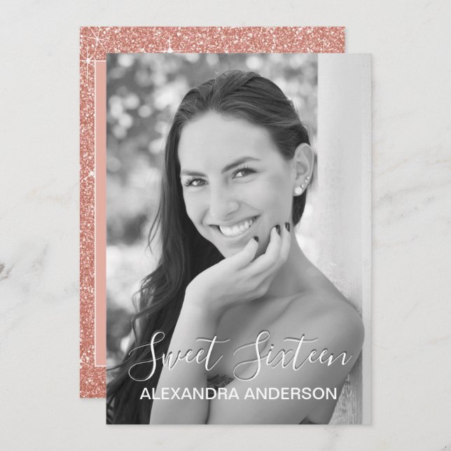 Invitation Rose Gold Sparkle Parties scintillant Sweet sixtee (Devant / Derrière)