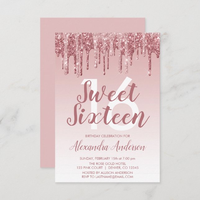 Invitation Rose Gold Sparkle Parties scintillant Sweet sixtee (Devant / Derrière)