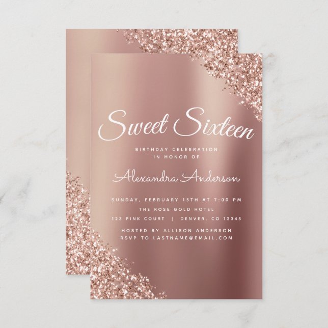 Invitation Rose Gold Sparkle Parties scintillant Sweet sixtee (Devant / Derrière)