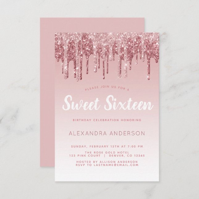 Invitation Rose Gold Sparkle Parties scintillant Sweet sixtee (Devant / Derrière)