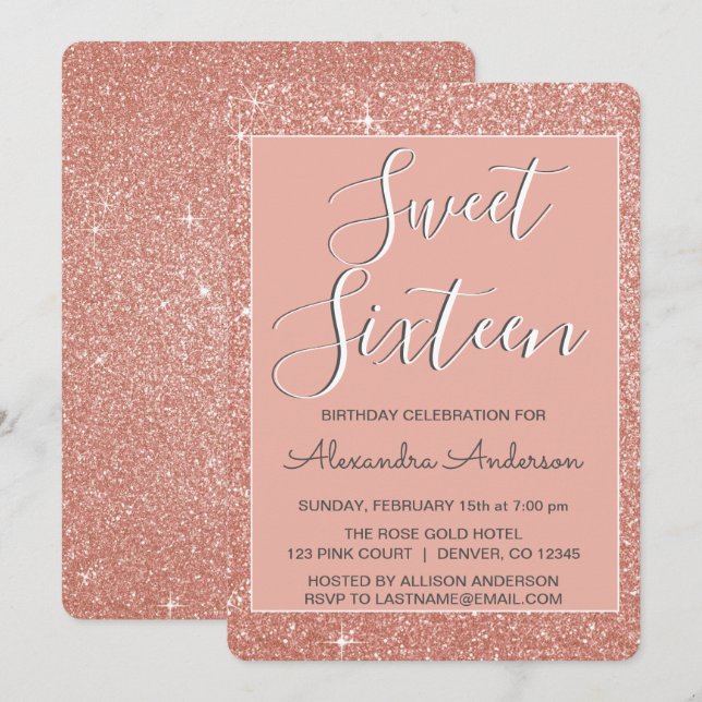 Invitation Rose Gold Sparkle Parties scintillant Sweet sixtee (Devant / Derrière)