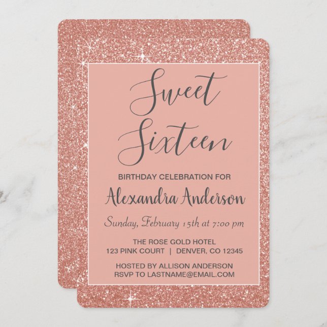 Invitation Rose Gold Sparkle Parties scintillant Sweet sixtee (Devant / Derrière)