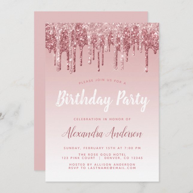Invitation Rose Gold Sparkle Parties scintillant Tout âge Ann (Devant / Derrière)
