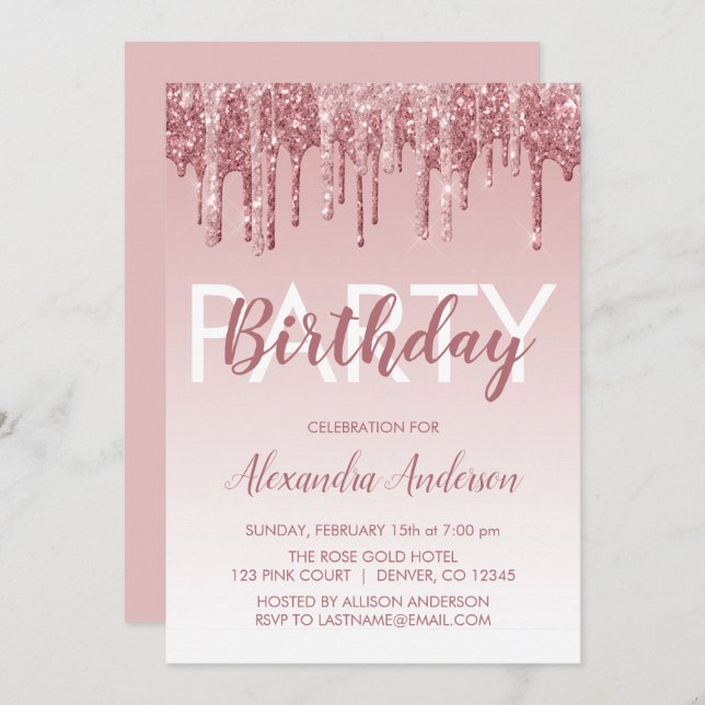 Invitation Rose Gold Sparkle Parties scintillant Tout âge Ann (Devant / Derrière)