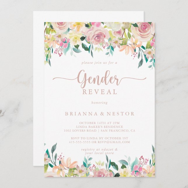 Invitation Rose Gold Spring Floral Genre Revevela Party (Devant / Derrière)