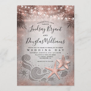 Invitation Rose Gold Starfish Couple Tropical Beach Mariage