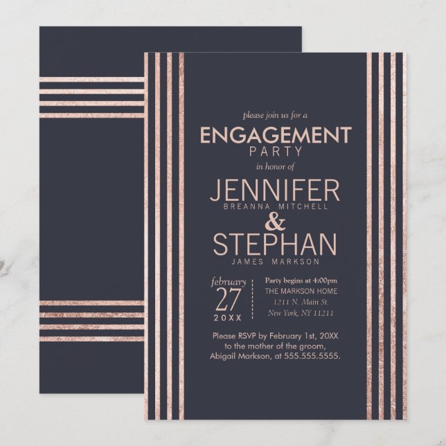 Invitation Rose Gold Stripes et Navy Blue Engagement Party (Devant / Derrière)