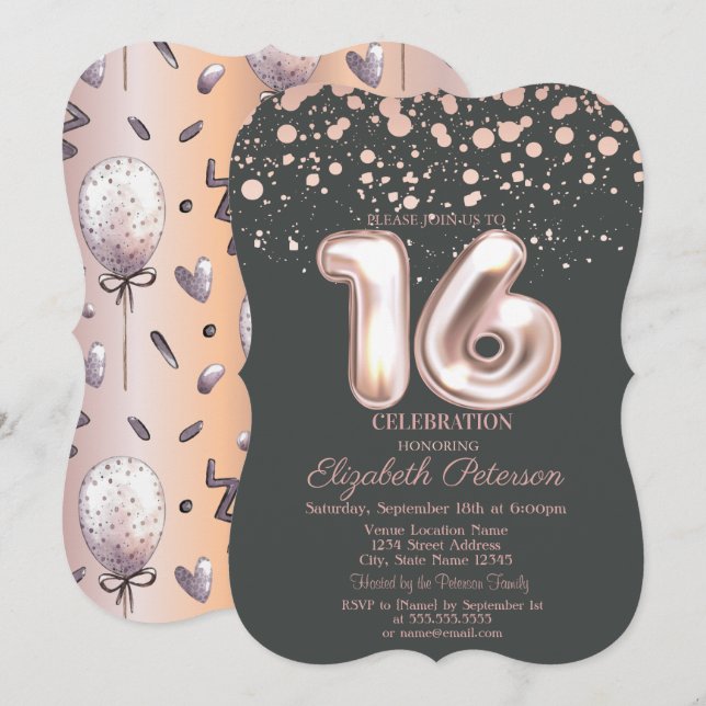 Invitation Rose Gold Style Pointillé, Ballons Sweet 16 (Devant / Derrière)
