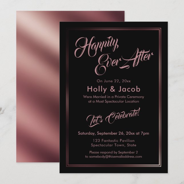 Invitation Rose Gold sur réception noir Happily Ever After (Devant / Derrière)