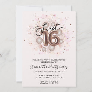 Invitation Rose Gold Sweet 16 Aquarelle rose Fille Ballons