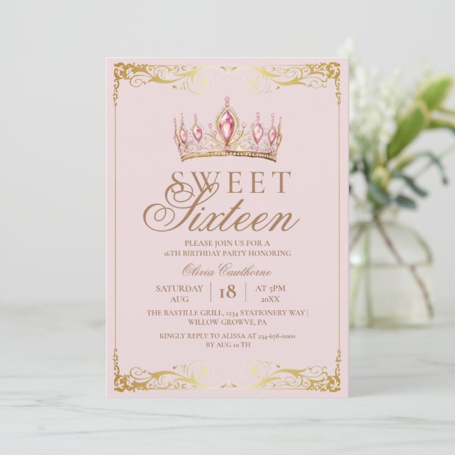 Invitation Rose Gold Sweet 16 couronne Anniversaire (Debout devant)