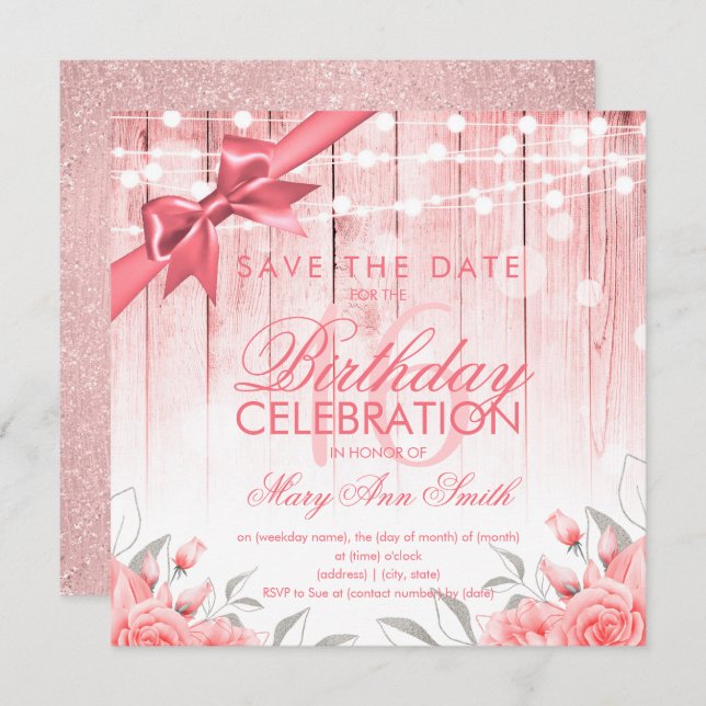 Invitation Rose Gold Sweet 16 Fleurs et Parties scintillant é (Devant / Derrière)