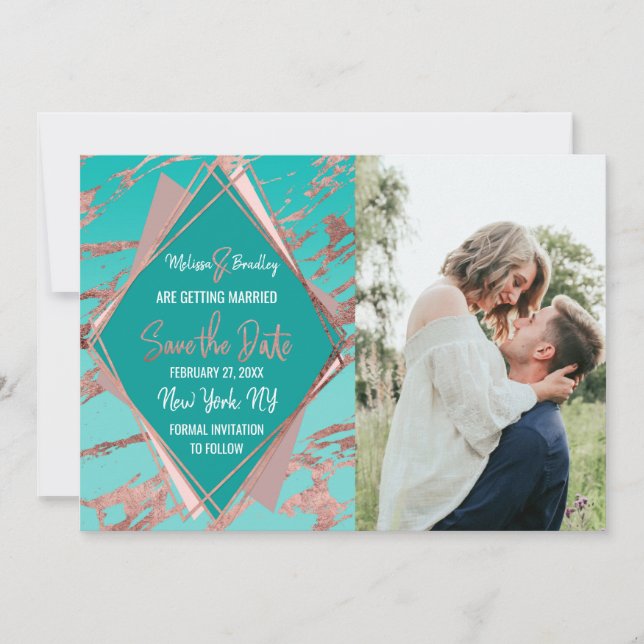 Invitation Rose Gold Teal Green Marble Diamond Enregistrer la (Devant)