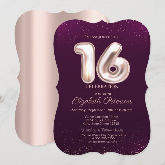 Invitation Rose Gold Tendance,Violet Sweet 16  (Devant / Derrière)