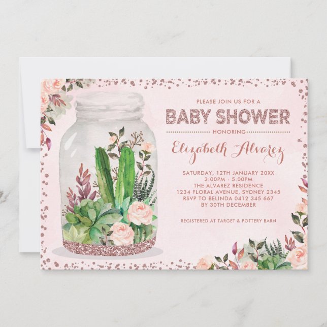 Invitation Rose Gold Terrarium Baby shower Cactus Rose Floral (Devant)