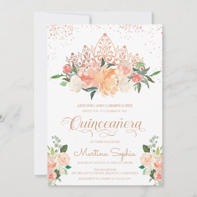 Invitation Rose Gold Tiara & Blush Pink Florals Quinceanera (Devant)