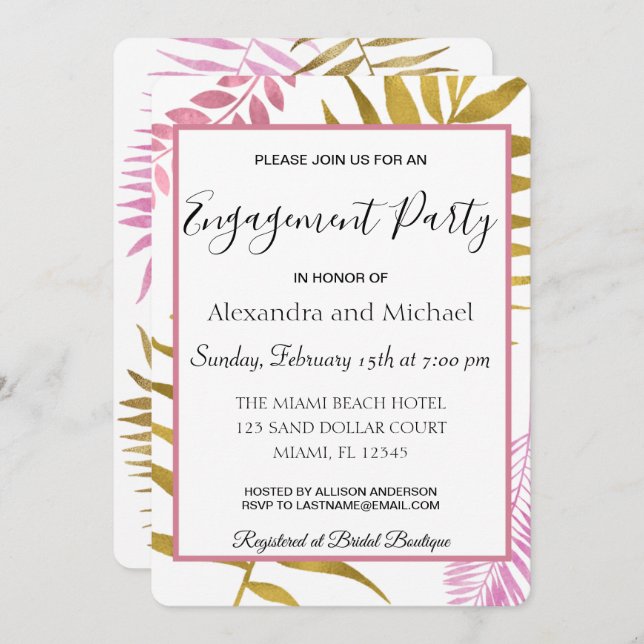 Invitation Rose Gold Tropical Floral Engagement (Devant / Derrière)