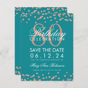 Invitation Rose Gold Turquoise 80e anniversaire Date de sauve