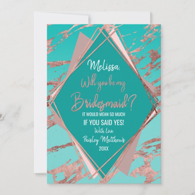Invitation Rose Gold Turquoise en marbre vert diamant (Devant)