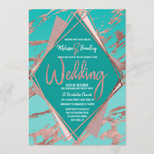 Invitation Rose Gold Turquoise Green Marble Diamond Mariage