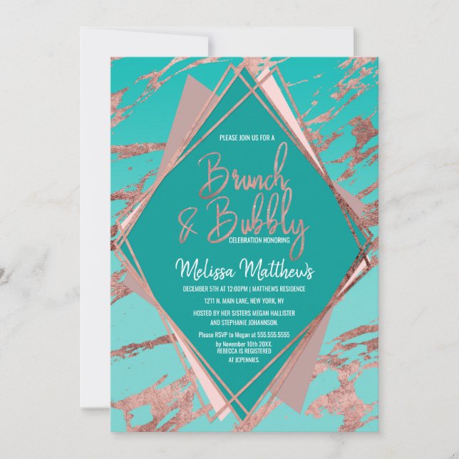 Invitation Rose Gold Turquoise Vert marbre Brunch Bubbly (Devant)