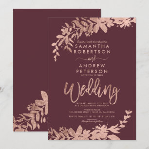 Invitation Rose Gold typographie florale bordeaux chic mariag