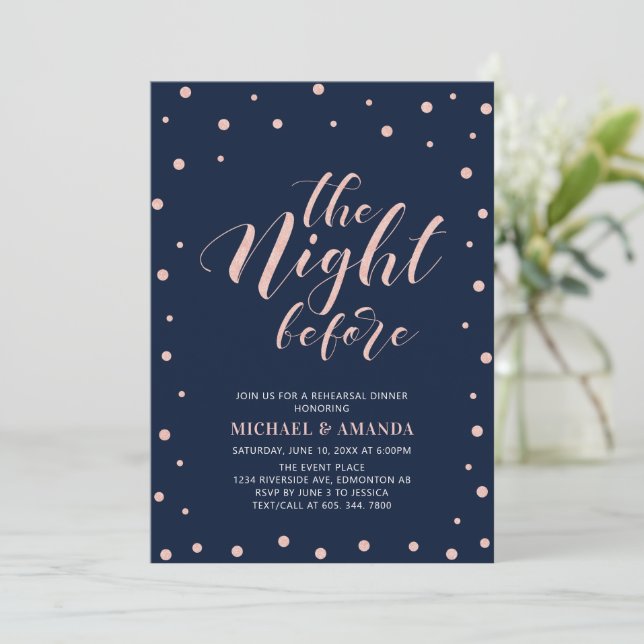 Invitation Rose Gold, Typographie Moderne Bleue pour Dîner de (Debout devant)