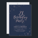 Invitation Rose Gold | Typographie Moderne Fête d'anniversair<br><div class="desc">Célébrons ce 21e anniversaire avec cette invitation de fête élégante. Ce design présente une typographie chic en or rose sur le devant et des graphiques scintillants avec une photo au verso. Remplacez la photo d'exemple par la vôtre ou supprimez-la si vous ne la souhaitez pas. La couleur de fond est...</div>