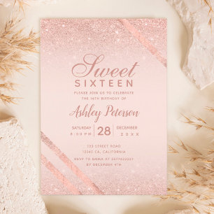 Invitation Rose gold typography stripe glitter blush Sweet 16