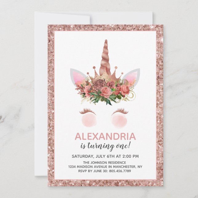 Invitation Rose Gold Unicorn Princess Anniversaire (Devant)