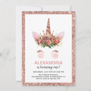 Invitation Rose Gold Unicorn Princess Anniversaire