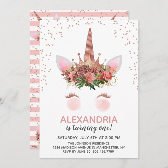 Invitation Rose Gold Unicorn Princess Anniversaire (Devant / Derrière)