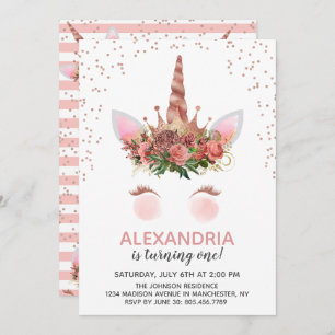 Invitation Rose Gold Unicorn Princess Anniversaire