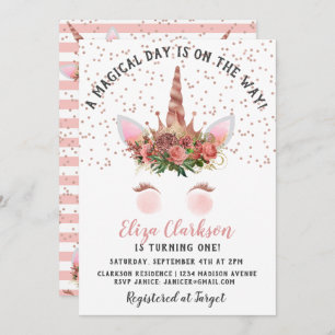 Invitation Rose Gold Unicorn Princess Anniversaire