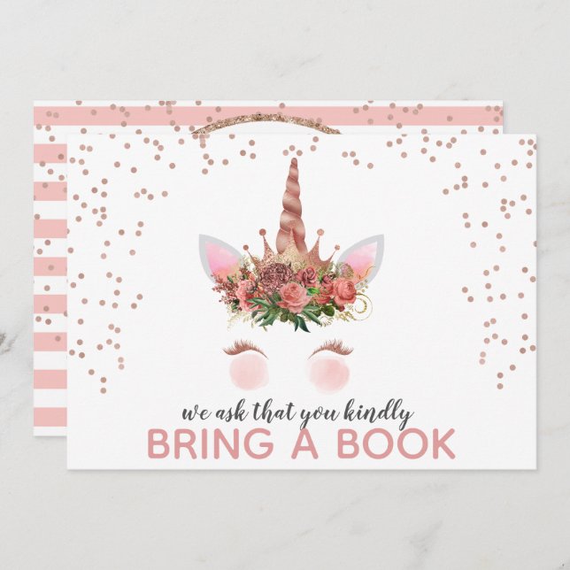 Invitation Rose Gold Unicorn Princess Apportez Un Livre (Devant / Derrière)