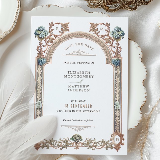 Invitation Rose Gold Victorian Hydrangea Enregistrer la date (Créateur téléchargé)