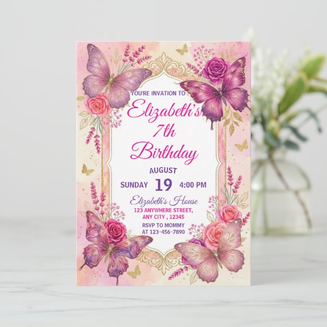 Invitation Rose gold violet élégant papillon fille anniversai (Debout devant)