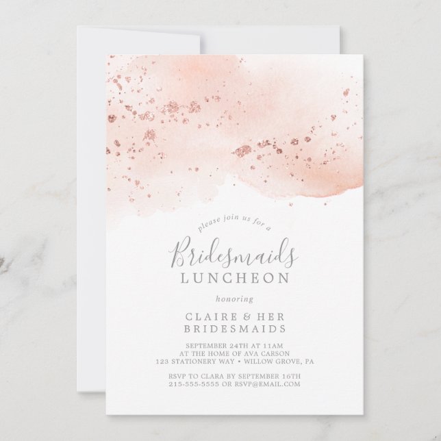 Invitation Rose Gold Watercolor Bridesservantes Déjeuner (Devant)
