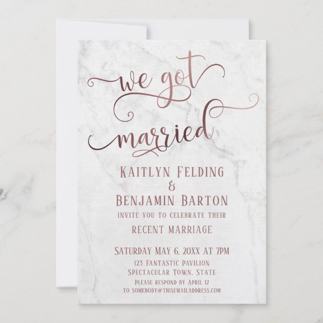 Invitation Rose Gold "We Got Married" Typographie avec Marbre (Devant)
