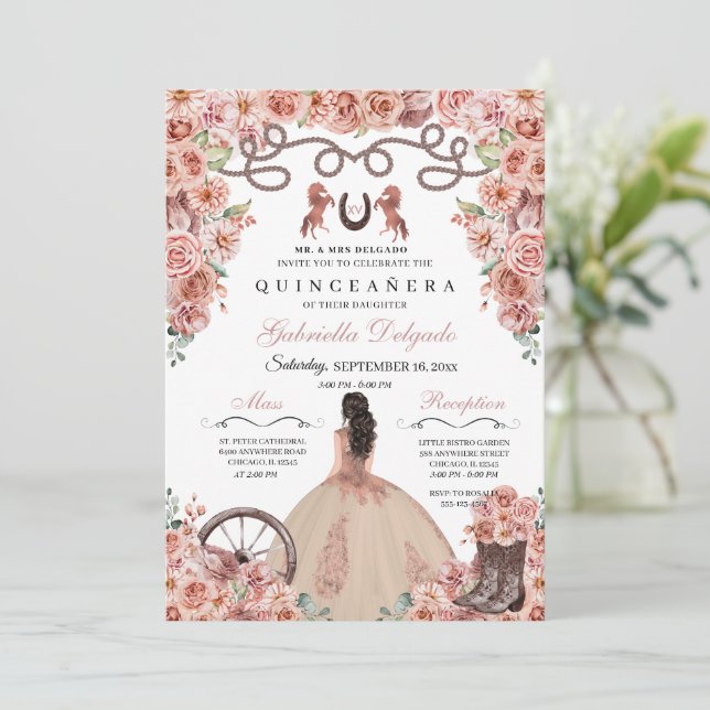 Invitation Rose Gold Western Charra Girl Ranchero Quinceanera (Debout devant)